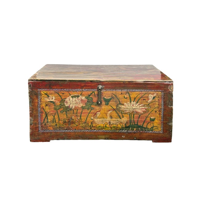 Vintage Distressed Brick Red Brown Lotus Cranes Oriental Wood Trunk Table For Sale - Image 4 of 12