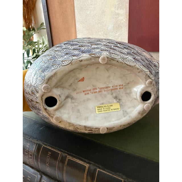 Pair of Oversized Vintage Asian Export Porcelain Peacock Figures Hand Painted Macau Large Ceramic Birds For Sale - Image 9 of 11