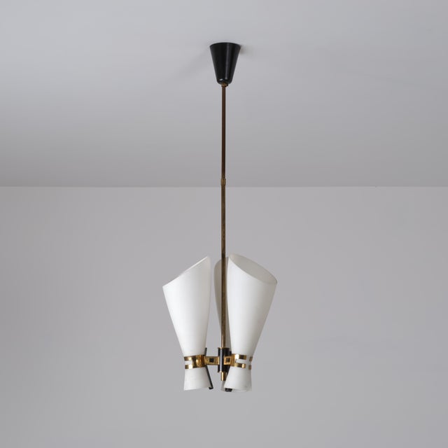 Italian Brass, Black Metal and Opaline Glass 3-Light Pendant, 1950s For Sale - Image 9 of 9