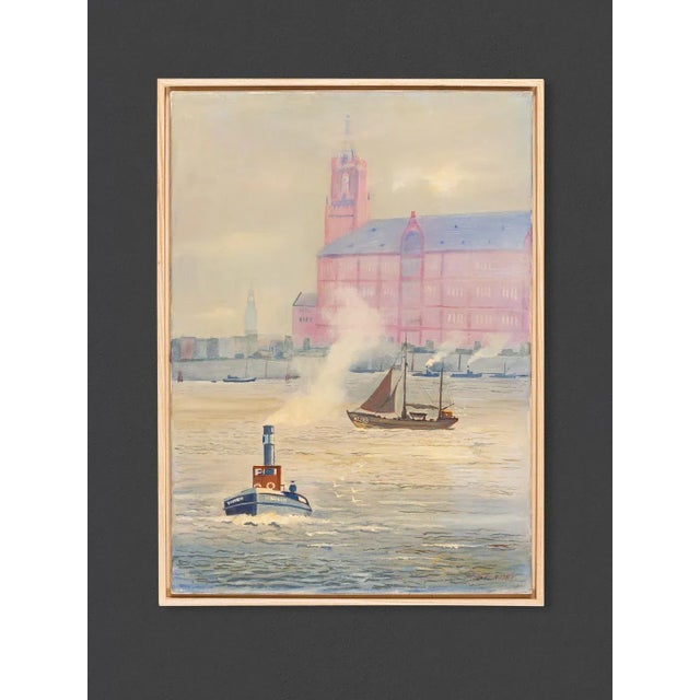 Impressionist representation of the hamburg harbor. Oil on canvas from the 1950s. Hanging on a shadowy frame made of ash...