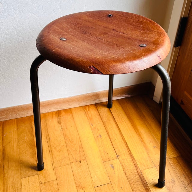 1950s Stalmobler Mid Century Danish 3 Leg Dot Stools Pair Steel Teak MCM For Sale - Image 10 of 18