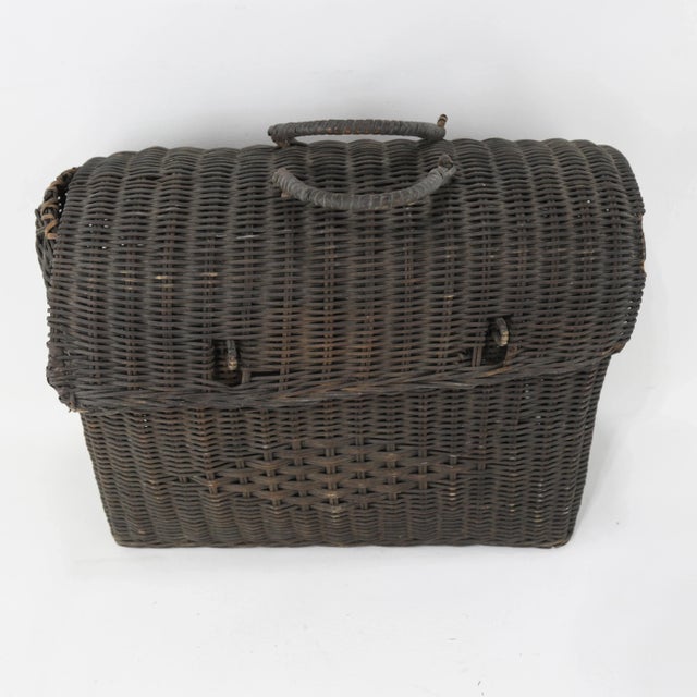Vintage Woven Rattan Picnic Basket With Handle & Lid – Handwoven Storage & Décor For Sale - Image 4 of 11
