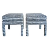 Sister Parish Burma in Prussian Blue Parsons Ottomans - Pair For Sale