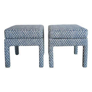 Sister Parish Burma in Prussian Blue Parsons Ottomans - Pair For Sale