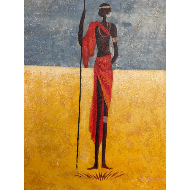 Yellow African Tribal Figure Oil Painting Textured Modern Ethnic Wall Art Framed Safari Style Decor 24x18 Canvas For Sale - Image 8 of 12
