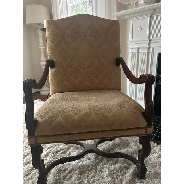 Transitional Pair of Sherrill Carved Wood Damask Armchairs With Nailhead Trim Pair of Sherrill Carved Wood Damask Armchairs With Nailhead Trim For Sale - Image 3 of 17