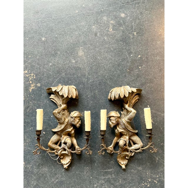 Mid 20th Century Vintage Regency Gilt Tipped Monkey Sconces - a Pair For Sale - Image 5 of 8