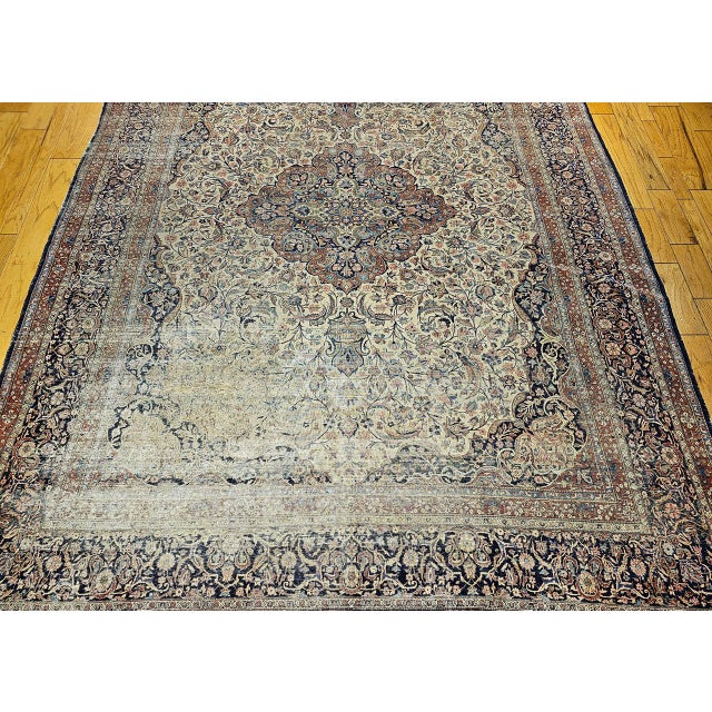19th Century Persian Kashan Rug, Hand-Knotted Wool & Cotton, Floral Design, Ivory & Navy, 9x12 For Sale - Image 14 of 18