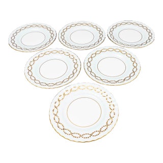 Late 20th Century Minton England S600 Gold Laurel Leaves Light Blue Salad Dessert Plates- Set of 6 For Sale