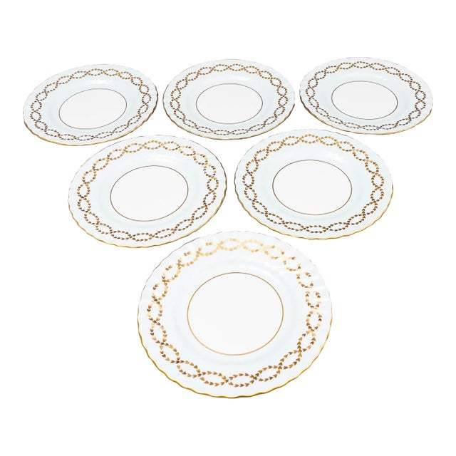 Late 20th Century Minton England S600 Gold Laurel Leaves Light Blue Salad Dessert Plates- Set of 6 For Sale
