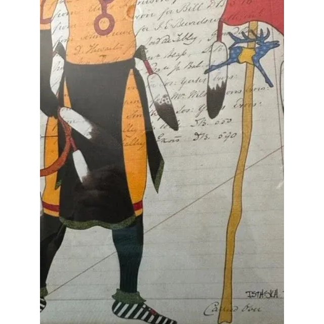 Contemporary Travis Blackbird Drawing on Ledger Sheet Dated 1859 "Elk Dancer" by Native American Artist Signed For Sale - Image 4 of 5