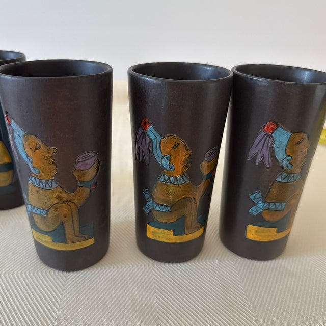Vintage Mexican Folk Art Black Clay Pottery Cocktail Tumblers, a Set of 5 For Sale - Image 4 of 10
