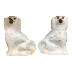 Pair of Early 20th Century White Staffordshire Porcelain Spaniel Dog Figurines With Glass Eyes