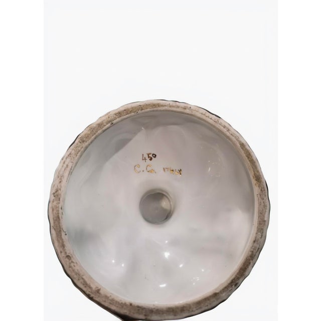 Vintage Italian Hand-Painted Porcelain Gilt Two-Handle Pedestal Compote For Sale - Image 4 of 4