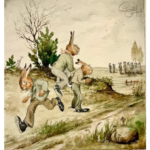 Heinz Geilfuß, The Hares Observe the Hunting Elite, Watercolor on Paper, in Very Good conditions. Designed 1890 to 1919...