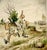 Heinz Geilfuß, The Hares Observe the Hunting Elite, Watercolor on Paper, in Very Good conditions. Designed 1890 to 1919...