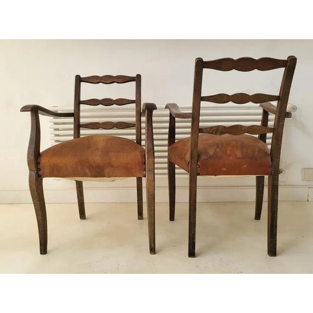 Set of Vintage French Chairs in Leather and Oak, 1950 For Sale - Image 3 of 13