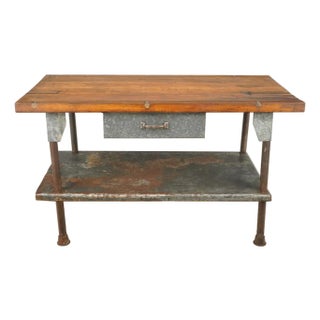 Vintage Industrial Iron Workbench With Wood Top For Sale