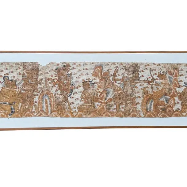 This striking vintage Balinese Kamasan painting, rendered on handwoven cotton, beautifully captures the timeless elegance...