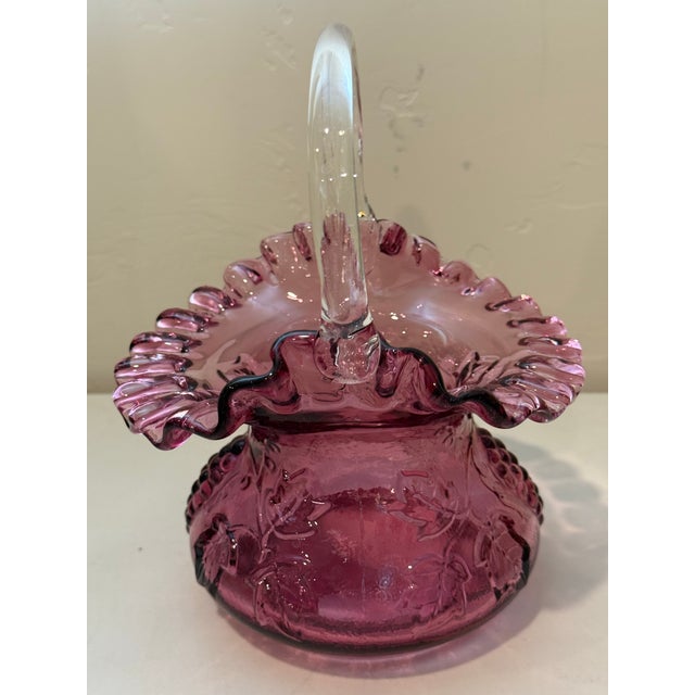 1980s Fenton Art Glass Country Cranberry Purple Basket With Grapes and Leaves For Sale - Image 12 of 12