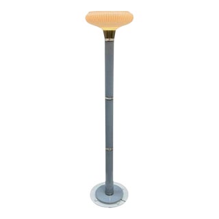 1970s Mid Century Modern Gray Lucite Torchiere Floor Lamp W/ Opaque Ribbed Glass Shade For Sale
