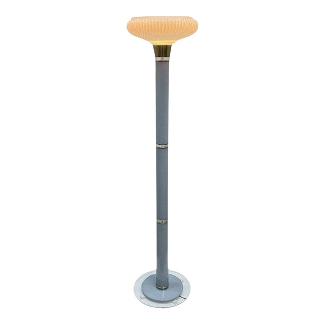 1970s Mid Century Modern Gray Lucite Torchiere Floor Lamp W/ Opaque Ribbed Glass Shade For Sale