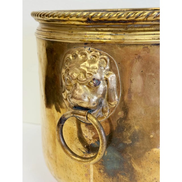 Metal Antique Hammered Brass Planter Cachepot W/ Lion Head Handles For Sale - Image 7 of 9