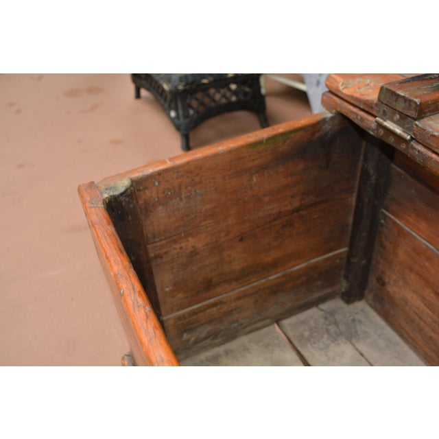 Wood Antique European Rustic Wood Pine Trunk / Blanket Box W/ Double Lift Up Lids For Sale - Image 7 of 17