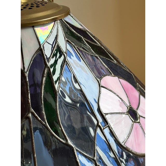 Metal Vintage Tiffany-Inspired Stained Glass Hummingbird Pendant Lamp For Sale - Image 7 of 18