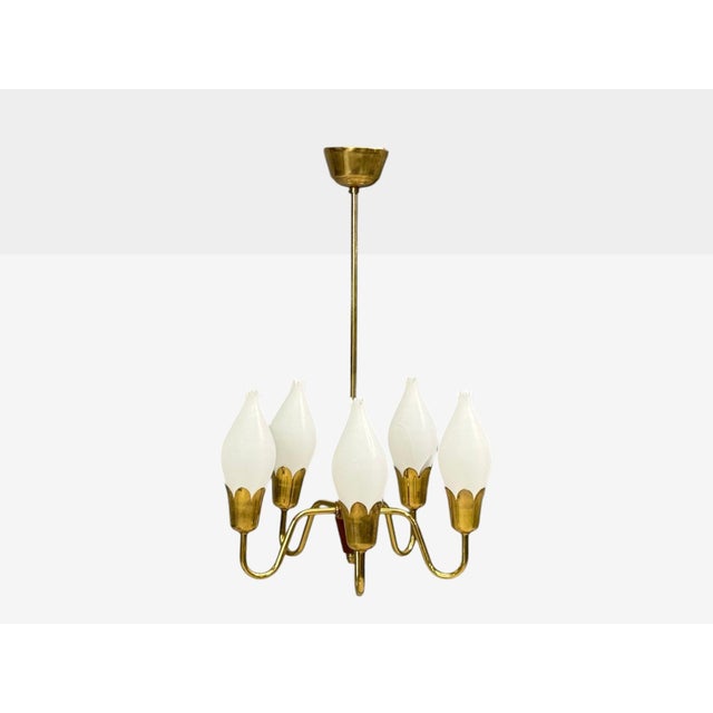 Mid-Century Modern Fog & Mørup, Tulip Chandelier, Opal Glass, Brass, Teak, Denmark, 1960s For Sale - Image 3 of 10