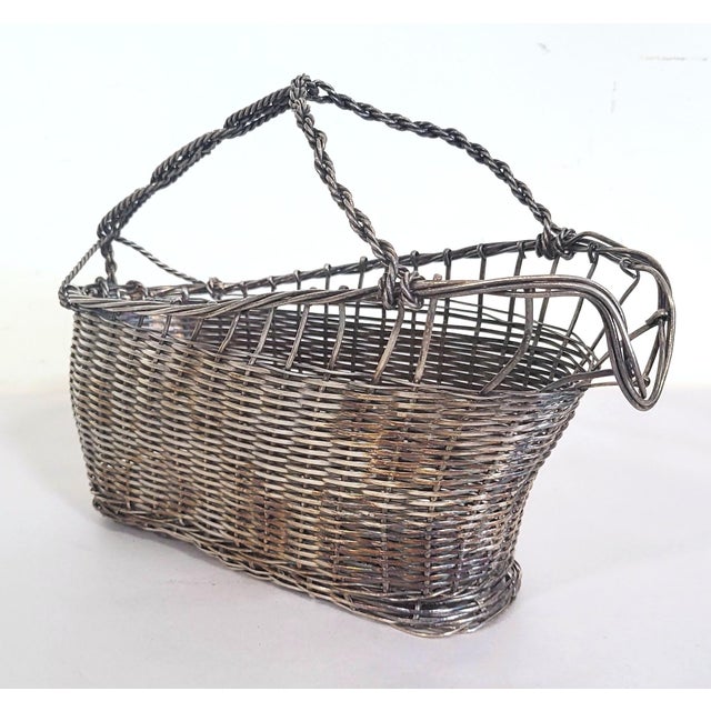 Mid-Century Modern Vintage French Modern Woven Silver Plated Handled Wine Cradle Basket For Sale - Image 3 of 10