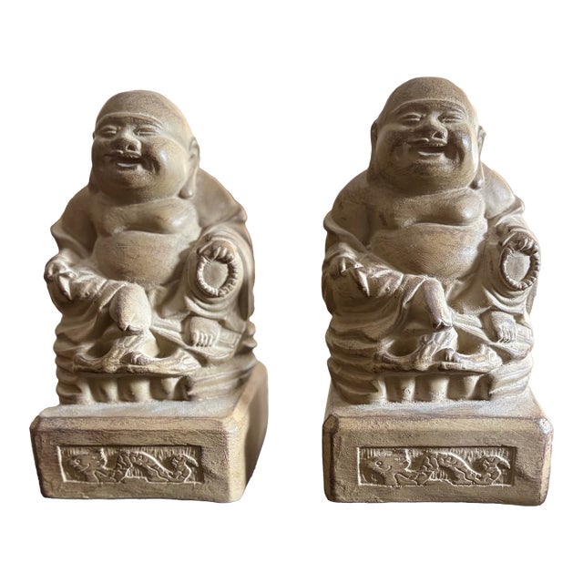 Vintage Chinoiserie Laughing Buddha Bookends For Sale