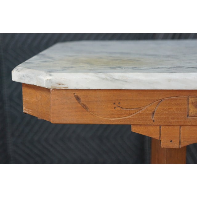 White Antique Victorian Eastlake Walnut Carved Marble Top Parlor End Side Table 26" For Sale - Image 8 of 17