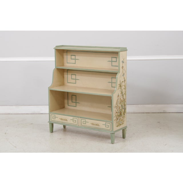 Pair Artist Signed Chinoiserie Style 2 Drawer Open Bookcases For Sale - Image 4 of 18
