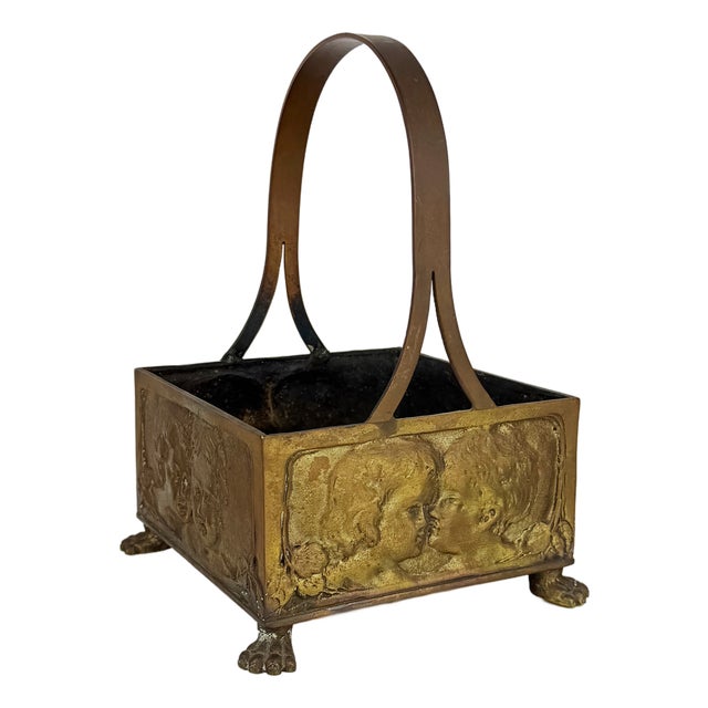 Antique Art Nouveau Brass Basket with Cherub Reliefs, 1890s For Sale