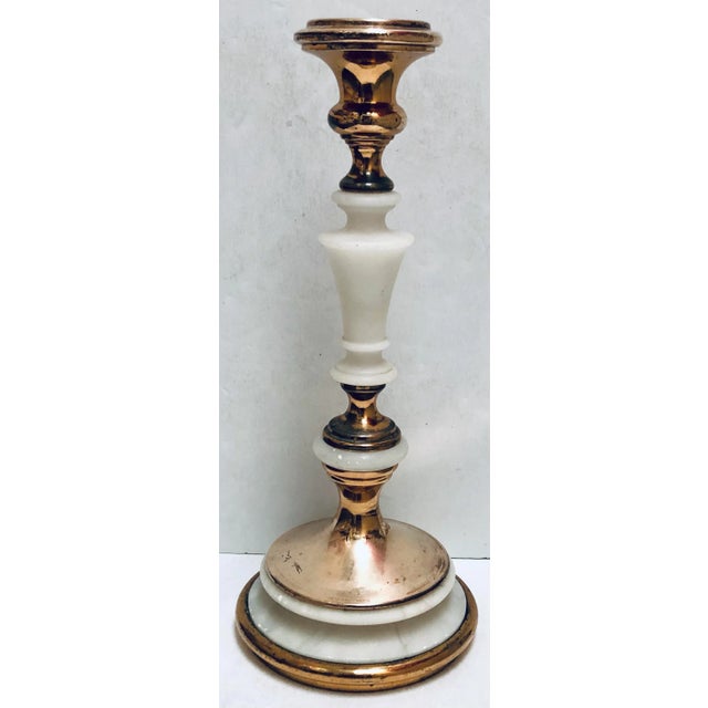 1920's French alabaster and gilt candlesticks are a perfect accent to any decor. Variations in tone and depth of gilt...