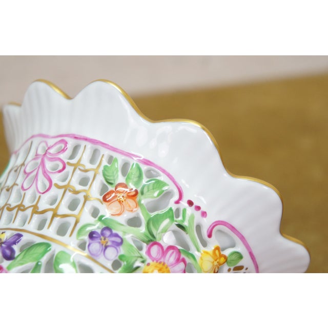 Vintage Herend Hungary Handpainted Openwork Basketweave Pierced Porcelain Vase For Sale - Image 10 of 14