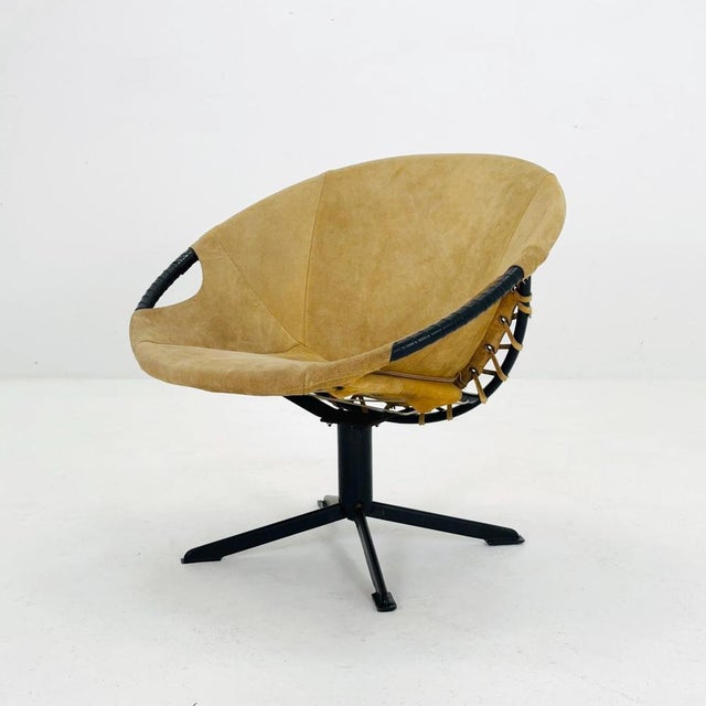 Mid century Suede Lounge Chair with Black Iron Frame , Mcm Design Germany 1960s Elevate your space with this elegant 1960s...