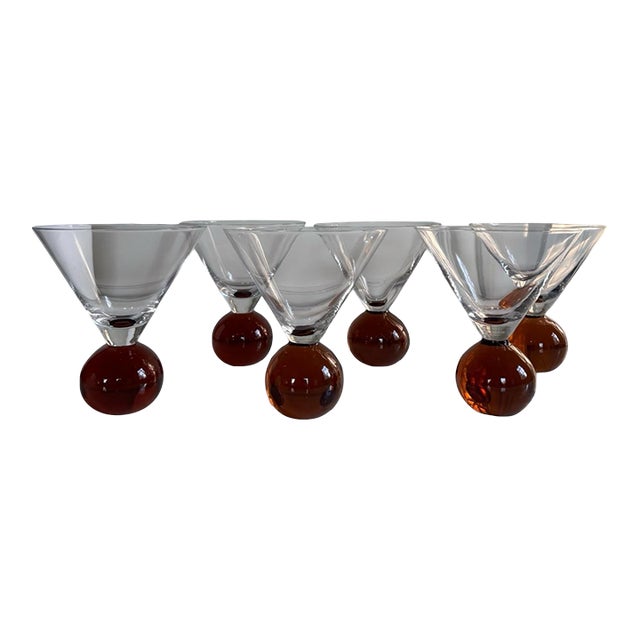 1980s Set of 6: Mid-Century Modern Hand Blown E. Cointreau Bubble Base Martini Cocktail Glasses For Sale