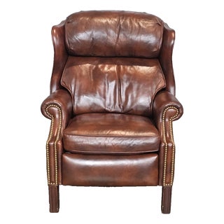 Late 20th Century Share Hancock & Moore Brown Leather Mahogany Chippendale Style Wing Chair Recliner For Sale