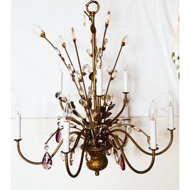 Very elegant Italian Chandelier with clear and amethyst crytals. Decorative brass basket in the center of the bottom. 9...
