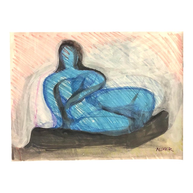 Contemporary Mixed Media Painting on Paper, CL Auker “Reclining Blue Figure” For Sale