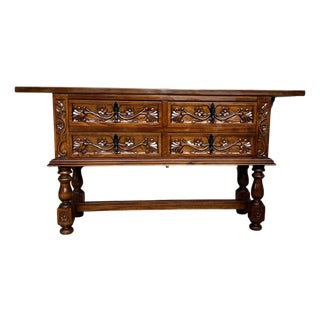Early 20th Century Spanish Console Chest Table with Four Carved Drawers and Original Hardware For Sale