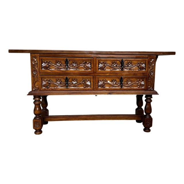Early 20th Century Spanish Console Chest Table with Four Carved Drawers and Original Hardware For Sale