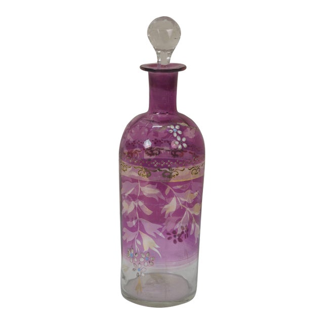 Antique Bohemian Cranberry Art Glass Liquor Wine Decanter Bottle 10" For Sale