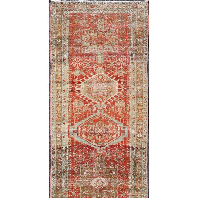 Antique Persian Heriz Distressed Runner With Geometric Medallions in Soft Colors For Sale In Atlanta - Image 6 of 11