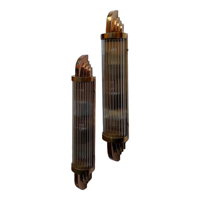 Pair Vintage 1940s Art Deco Skyscraper Wall Sconces Fixture in Brass & Glass Rod Ship Light For Sale