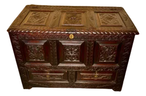 Large Carved Oak Mule Chest in Green