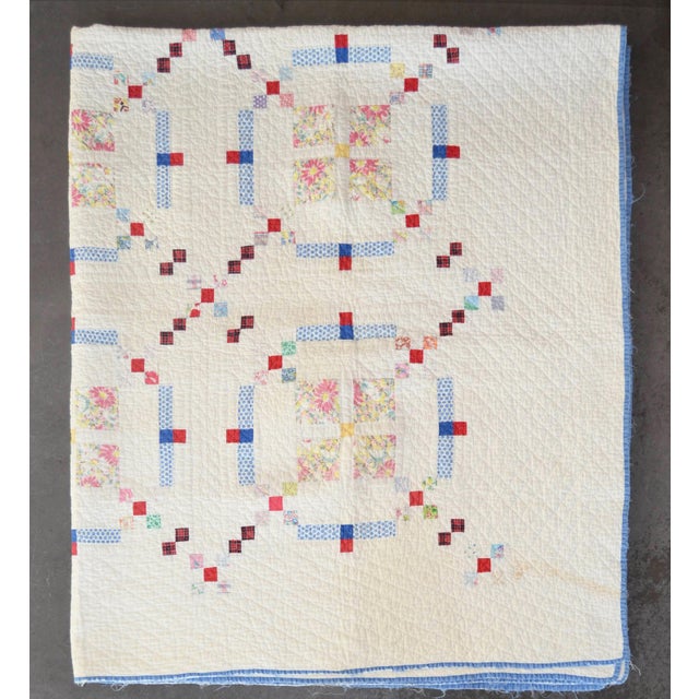1940’s Vintage Hand-Quilted Irish Chain Cotton Quilt For Sale - Image 4 of 8