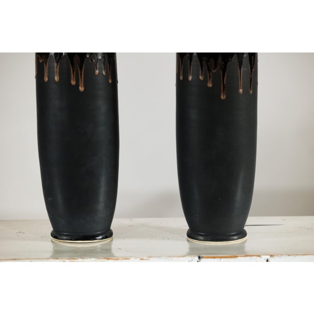 Artisan Slim Ochre and Black Ceramic Vases with Drip-Glaze Tops - A Pair For Sale In New York - Image 6 of 18